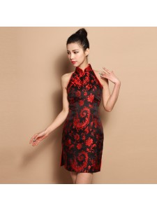 Sexy Halter Cheongsam in Red & Black Brocade
