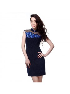 Elegant Midnight Blue Cheongsam with Ilusion Neckline & Embroidered Peony - "Blue Blood"