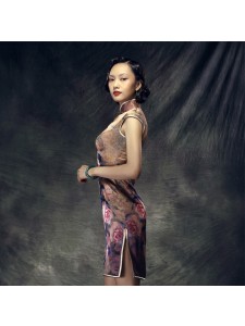 Oil Painting Roses on Tan Mandarin Dress 