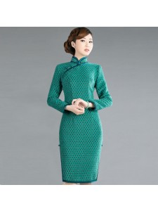 Reticulated Wool Cheongsam in Mint Green - "Ripe Tangerines"