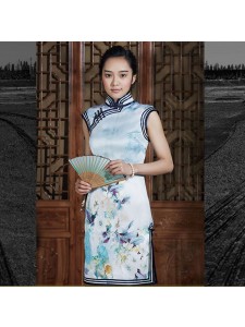 Impressionistic White Flowers on Icy Blue Silk Cheongsam  - "Snow Saussurea“