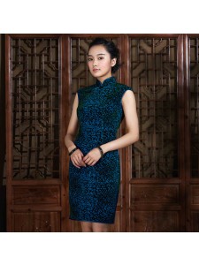 Abstract Black Floral Modern Qipao in Blue  - "Divine Tune"