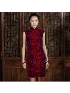 Abstract Blue Print on Wine Red Modern Cheongsam  - "Divine Tune"