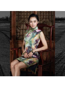 Abstract Lotus Flowers on Green Cheongsam- "Blooming“