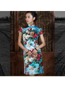 Vibrant Roses on Sky Blue Mandarin Dress  - "Coquettish Roses"