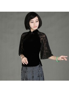 Black Silk Velvet Qipao Top w/ Raglan Trumpet Sleeves
