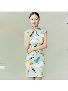 Modern Mandarin Dress White Mulberry Silk w/ Artistic Bird Prints