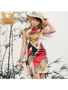 Modern Silk Qipao Multi-color Geometric Pattern Print Sleeveless Two Print Pattern Choices