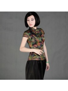 Floral Guangdong Watered Gauze Silk Qipao Top - Yanzi Feather