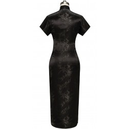 Periwing Traditional Ink Black Satin Plum Blossom Short Sleeve Chinese Dress Qipao Cheongsam