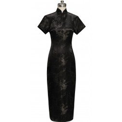 Periwing Traditional Ink Black Satin Plum Blossom Short Sleeve Chinese Dress Qipao Cheongsam