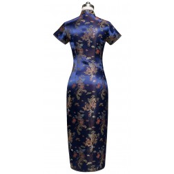Periwing Navy Blue Satin Auspicious Dragon Phoenix Mandarin Collar Chinese Dress Qipao Cheongsam