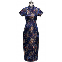 Periwing Navy Blue Satin Auspicious Dragon Phoenix Mandarin Collar Chinese Dress Qipao Cheongsam