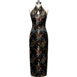 Periwing Black Satin Mandarin Collar Dragon & Phenix Evening Dress Chinese Dress Qipao
