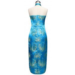 Periwing Lake Blue Satin Chrysanthemum Print Backless Chinese Dress Cheongsam