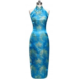 Periwing Lake Blue Satin Chrysanthemum Print Backless Chinese Dress Cheongsam