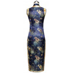 Periwing Traditional Navy Blue Satin Chrysanthemum Print Chinese Dress Cheongsam