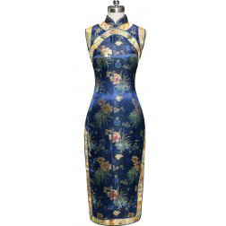 Periwing Traditional Navy Blue Satin Chrysanthemum Print Chinese Dress Cheongsam
