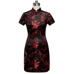 Periwing Black and Red Satin Frog Button Plum Blossom Mini Chinese Dress Qipao