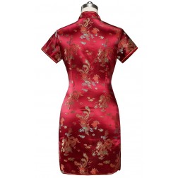 Periwing Burgundy Satin Frog Button Dragon and Phoenix Mini Chinese Dress Qipao