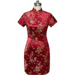 Periwing Burgundy Satin Frog Button Dragon and Phoenix Mini Chinese Dress Qipao