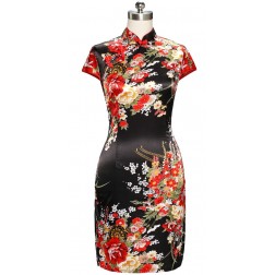 Periwing Delicate Black Silk Phalaenopsis Print Mini Chinese Qipao Dress Evening Gown