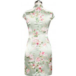 Periwing Oriental Light Green Satin Peony Printed Pearl Buttons Cocktail Cheongsam