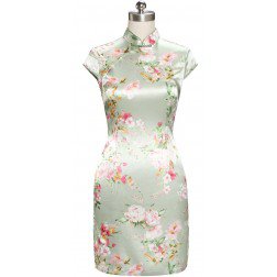 Periwing Oriental Light Green Satin Peony Printed Pearl Buttons Cocktail Cheongsam