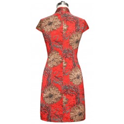 Periwing New Women's Red Linen Peony Printed Short Sleeve Cocktail Cheongsam