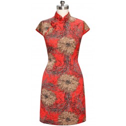 Periwing New Women's Red Linen Peony Printed Short Sleeve Cocktail Cheongsam