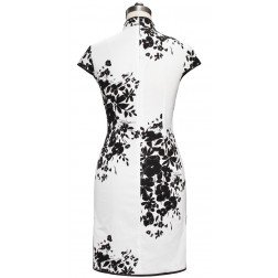 Periwing Antique Lady's Black & White Pure Cotton Printed Short Sleeve Mini Qipao