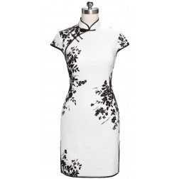 Periwing Antique Lady's Black & White Pure Cotton Printed Short Sleeve Mini Qipao