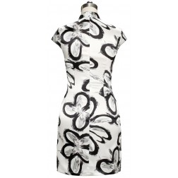 Periwing Black & White Silk Abstract Print Mandarin Collar Short Sleeve Mini Qi Pao