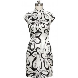 Periwing Black & White Silk Abstract Print Mandarin Collar Short Sleeve Mini Qi Pao