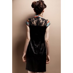 Sexy Silk Peking Opera Face Print Black Lace Illusion Neck Qipao Dress
