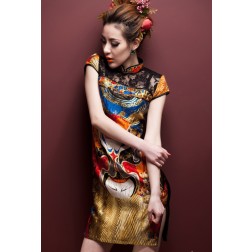 Sexy Silk Peking Opera Face Print Black Lace Illusion Neck Qipao Dress