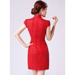 Sexy Red Lace Illusion Neck Modern Bodycon Chinese Cheongsam Dress