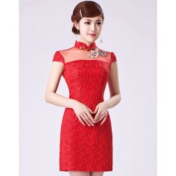 Sexy Red Lace Illusion Neck Modern Bodycon Chinese Cheongsam Dress