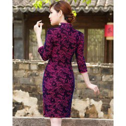 Elegant Purple Pleuche Paisley Print Mandarin Collar Chinese Cheongsam Dress