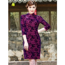 Elegant Purple Pleuche Paisley Print Mandarin Collar Chinese Cheongsam Dress