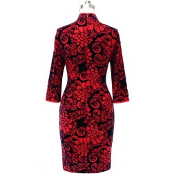 Classic Red Velvet Flower Print Mandarin Collar Chinese Cheongsam Dress