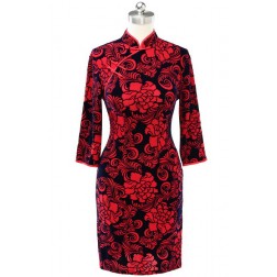 Classic Red Velvet Flower Print Mandarin Collar Chinese Cheongsam Dress