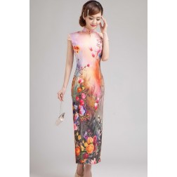 Elegant Pink Stretch Satin Flower Print Chinese Cheongsam Evening Dress