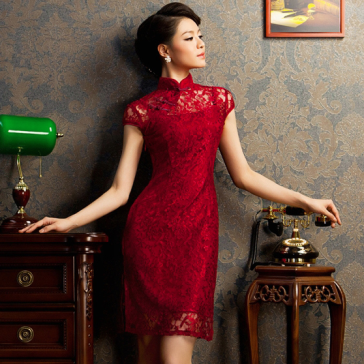 Burgundy red floral lace modern qipao short Chinese cheongsam dress