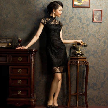 Burgundy red floral lace modern qipao short Chinese cheongsam dress