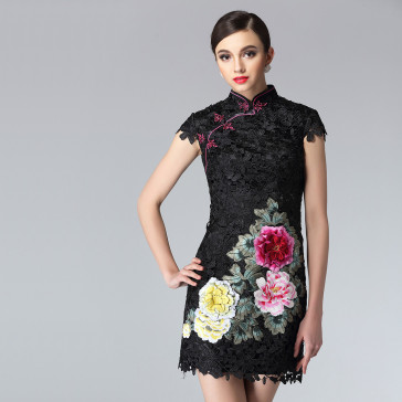 Black lace embroidered 3D peony floral modern mini qipao short Chinese cheongsam dress
