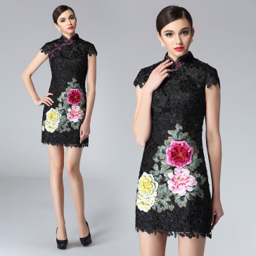 Black lace embroidered 3D peony floral modern mini qipao short Chinese cheongsam dress