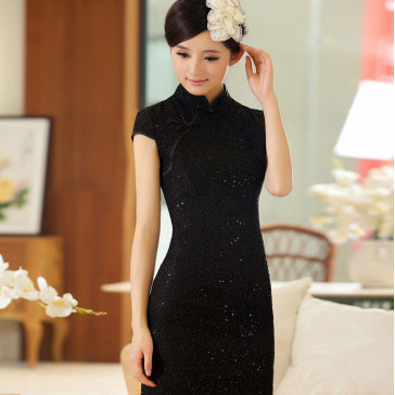 Black sequins lace modern mini qipao short Chinese cheongsam dress