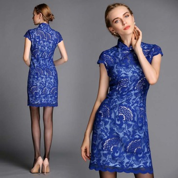 Chinese fan pattern blue lace short mandarin collar sheath dress
