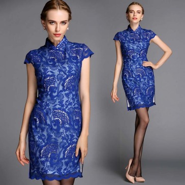 Chinese fan pattern blue lace short mandarin collar sheath dress